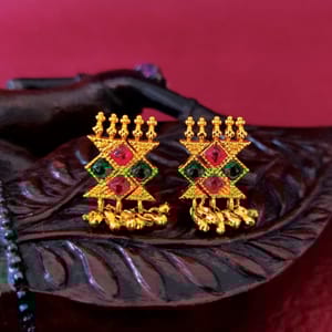 Traditional Earrings- Golden Tops With Multicolor Stones