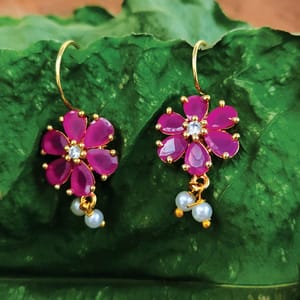 Pink Stone Bugadi Cum Earrings Floral Design