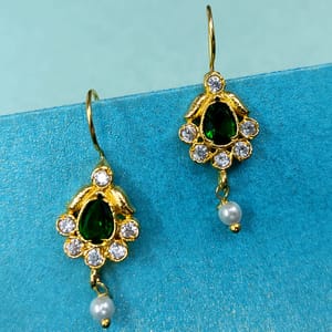Bugdi Earrings Green Color Leaf Shape Stone Studded Designer
