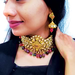 Broad Kundan Choker Multicolor Beads Antique Finish