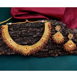 Golden Short Necklace Maroon Crystal Decorated