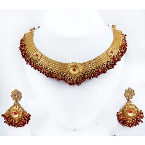Golden Short Necklace Maroon Crystal Decorated