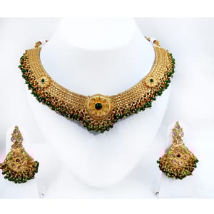 Golden Short Necklace Green Crystal Decorated