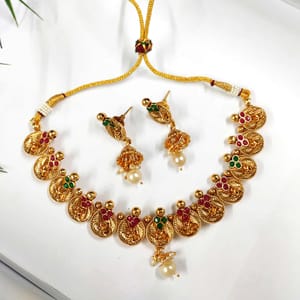 High Gold Toned Short Necklace Set With Multi CLR Stone