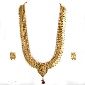 Lakshmi Coin Necklace in Pearl Gold Finish, Temple Jewelery