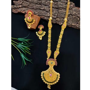 High Gold Finish Long Necklace Set With Stone Studded