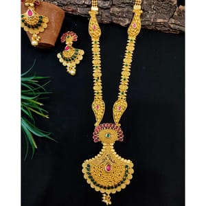 High Gold Finish Long Necklace Set With Stone Studded