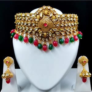 Broad Kundan Choker Multicolor Beads Antique Finish