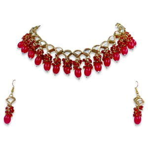 Kundan Short Necklace Red Beads Studdedccc