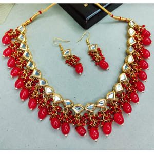 Kundan Short Necklace Red Beads Studdedccc