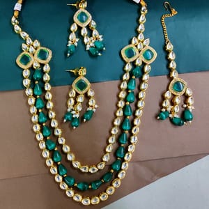 3 Layer Kundan Necklace With Pine Green Beads