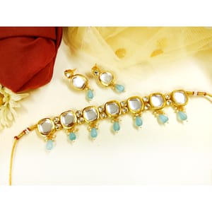 Big Polki/Kundan Single Line Necklace With Beads