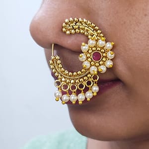 Broad Kalakari Nath- Antique Finish Pearls Hanged