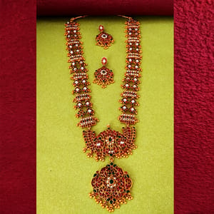South Indian Long Necklace In Heavy Multicolor Stones