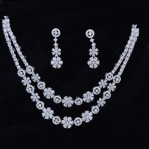 Silver American Diamond Necklace Double Layer